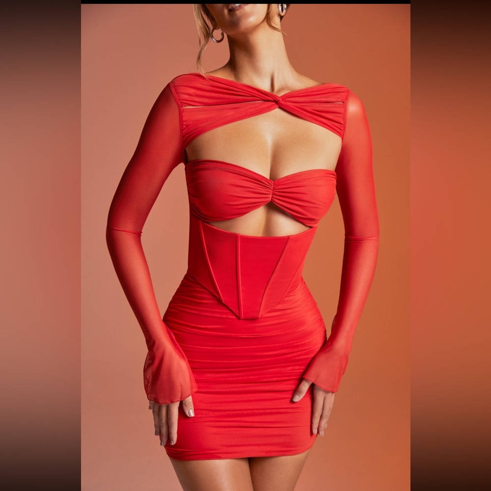 SOLD Long sleeved ruched mini dress in red Oh Polly